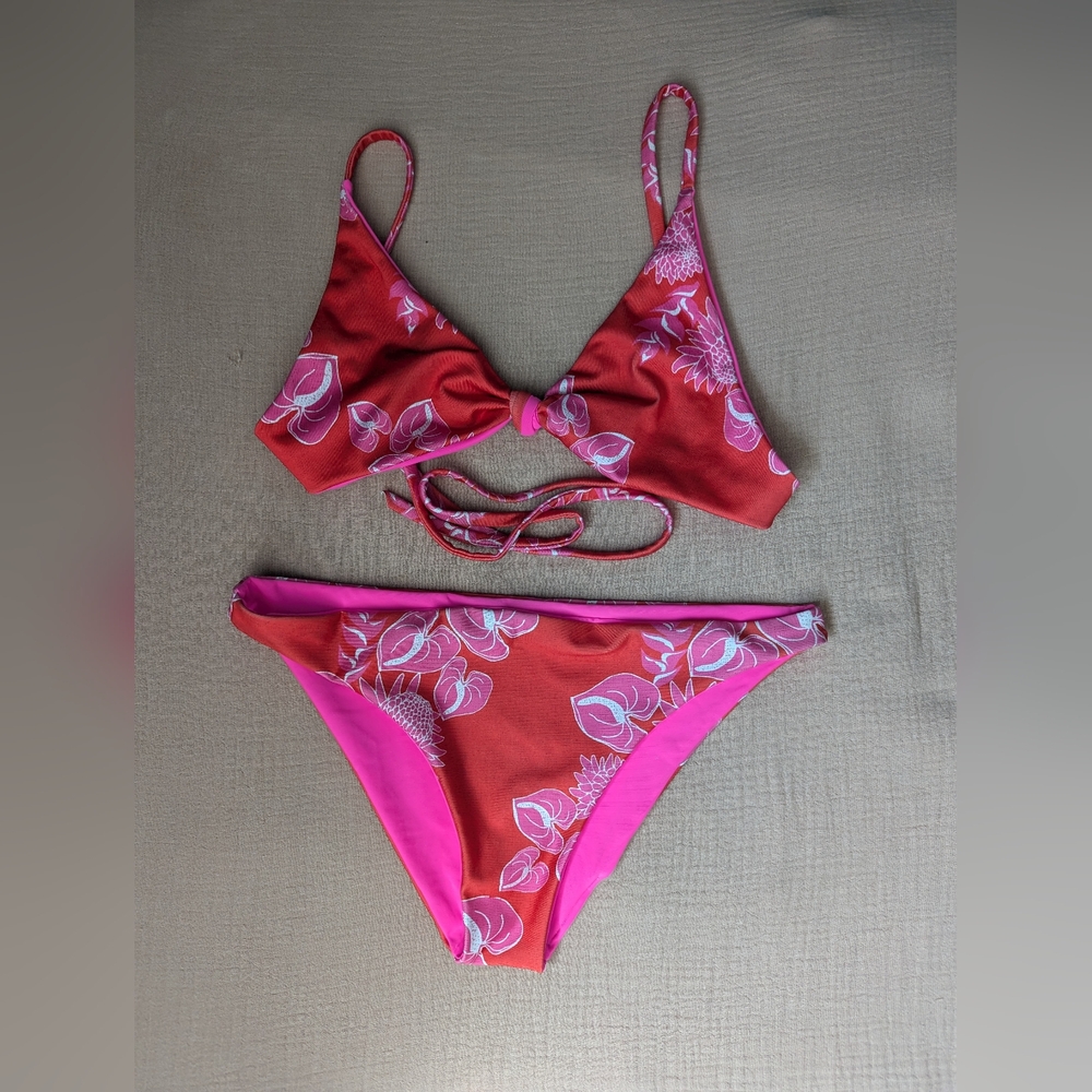 Red and Pink Floral Bikini Set